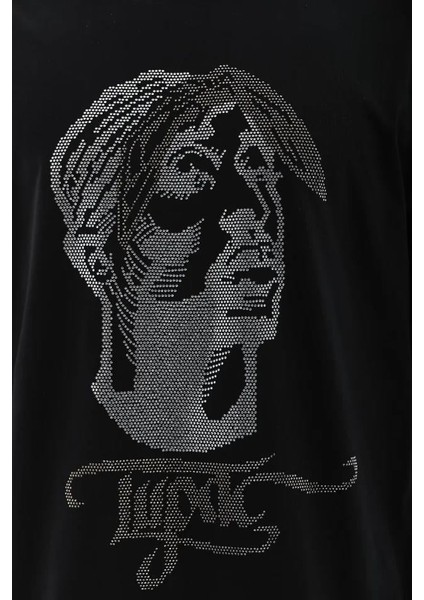 Unisex Oversize Taşlı Bisiklet Yaka T-Shirt - Siyah indirimleri