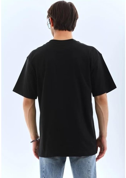 Unisex Oversize Taşlı Bisiklet Yaka T-Shirt - Siyah fırsatları
