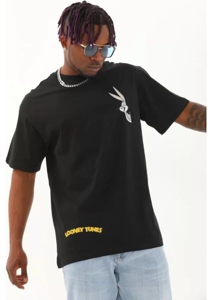 Unisex Oversize Baskılı Bisiklet Yaka T-Shirt - Siyah fiyatları