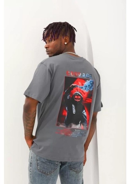 Unisex Oversize Baskılı Bisiklet Yaka T-Shirt - Füme indirimleri