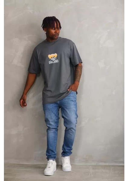 Unisex Baskılı Oversize T-Shirt - Füme indirimleri