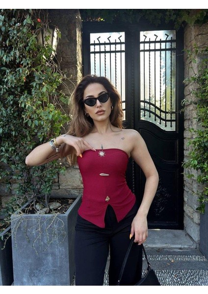 Kadın Ottoman Kumaş Düğme Detaylı Büstiyer Crop modelleri
