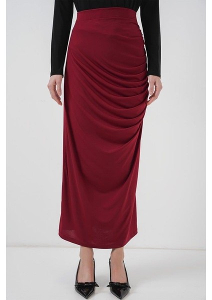 8035 Büzgülü Midi Etek - Bordo fiyatları