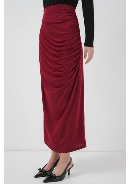 8035 Büzgülü Midi Etek - Bordo fırsatları