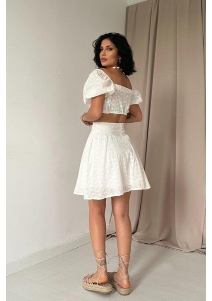 Ekru Brode Crop ve Mini Etek Takım