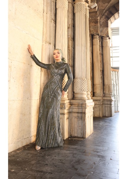 Simli Işıltılı Tesettür Abiye Elbise Gala