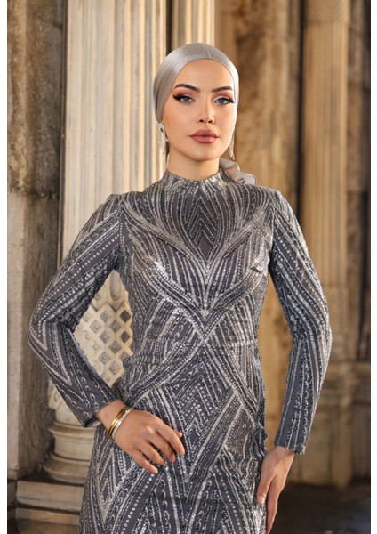Simli Işıltılı Tesettür Abiye Elbise Gala