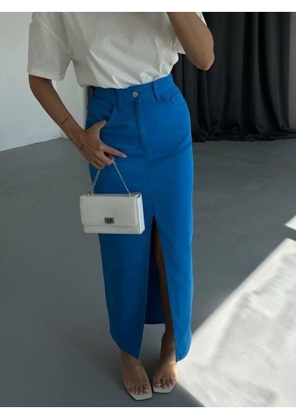 Gabardin Uzun Önden Yırtmaçlı Etek - Saks modelleri