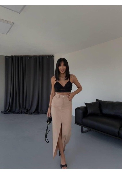 Gabardin Uzun Önden Yırtmaçlı Etek - Kahverengi modelleri