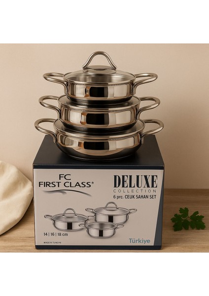 Deluxe Collection 6 Parça Paslanmaz Çelik Sahan Seti – 14-16-18 cm Cam Kapaklı