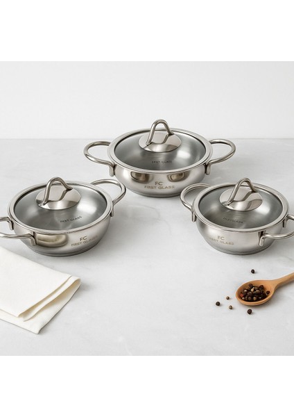 Deluxe Collection 6 Parça Paslanmaz Çelik Sahan Seti – 14-16-18 cm Cam Kapaklı fiyatları