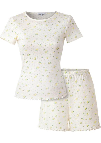 Pointelle Sarı Çiçek Desenli Şortlu Pijama Takımı