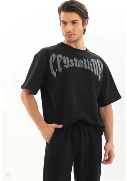 Unisex Oversize Taşlı T-Shirt - Siyah fiyatları