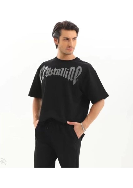 Unisex Oversize Taşlı T-Shirt - Siyah indirimleri