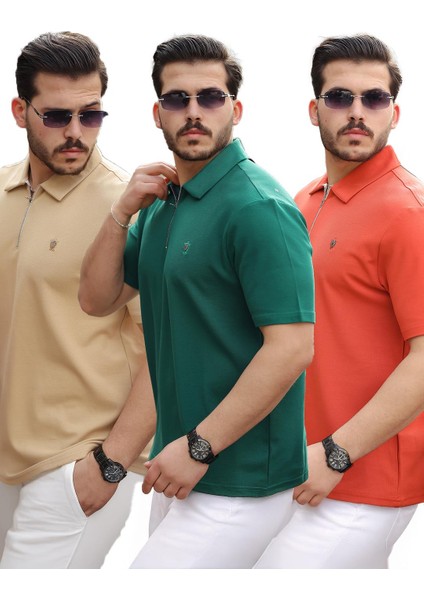 Bej Nefti Kiremit Basic Fermuar Detaylı Üçlü Paket Polo Yaka Kısa Kollu Tişört 2516