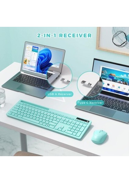 Kablosuz Klavye ve Mouse - Telefon Tutuculu USB Type-C - Yeşil