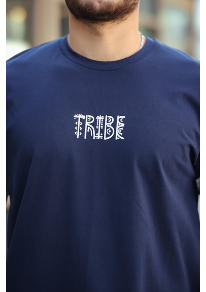 Lacivert Tribe Baskı Detaylı Sıfır Yaka Kısa Kollu Oversize Tişört- 2503 modelleri