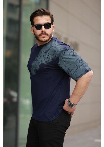 Lacivert Kol Baskı Detaylı Sıfır Yaka Oversize Kısa Kollu Tişört -2506