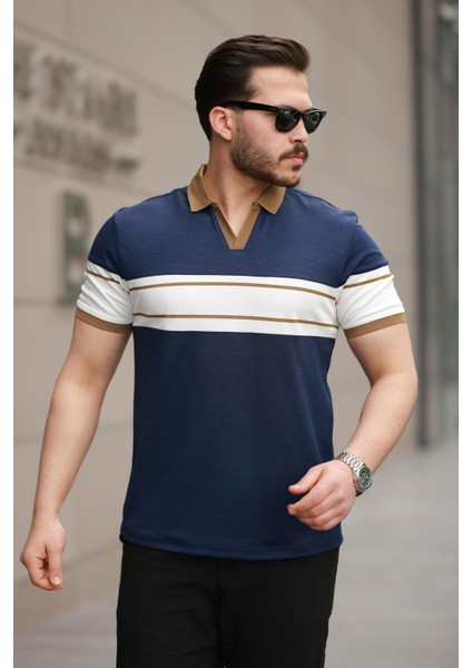 Lacivert Beyaz Iki Renk Polo Yaka Kısa Kollu TIŞÖRT-2514