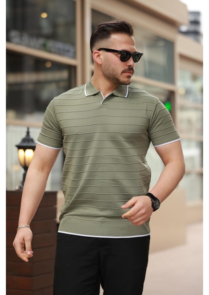 Haki Kabartma Çizgi Polo Yaka Triko Tişört- 2403