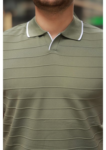 Haki Kabartma Çizgi Polo Yaka Triko Tişört- 2403 modelleri