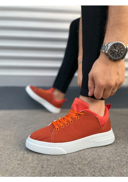 JY204 Flex Bağcıklı Keten Kumaş Erkek Günlük Sneaker Ayakkabı Kbt - Turuncu
