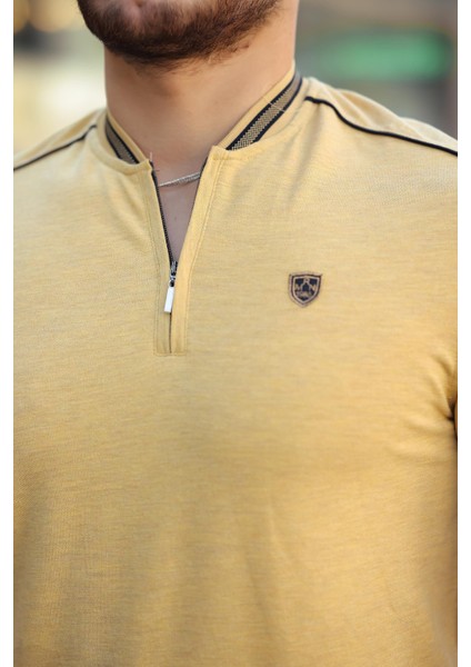 Sarı Kolej Yaka Yarım Fermuarlı Kısa Kollu Tişört- 2408 fiyatları
