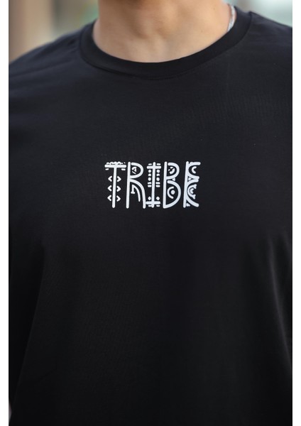 Siyah Tribe Baskı Detaylı Sıfır Yaka Kısa Kollu Oversize Tişört- 2503 modelleri