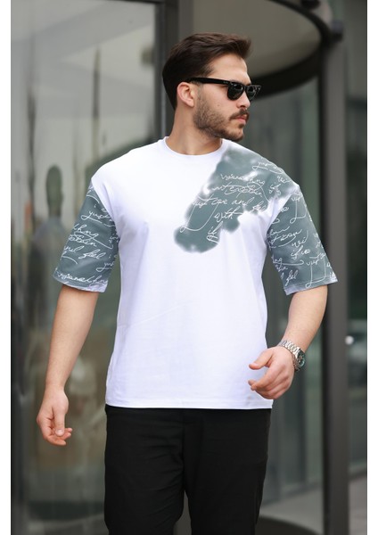 Beyaz Kol Baskı Detaylı Sıfır Yaka Oversize Kısa Kollu Tişört -2506