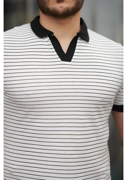 Beyaz Çizgili Polo Yaka Kısa Kollu Tişört -2508 fiyatları