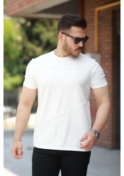 Beyaz Parçalı Dikiş Detaylı Regular Fit Kısa Kollu Tişört -2523