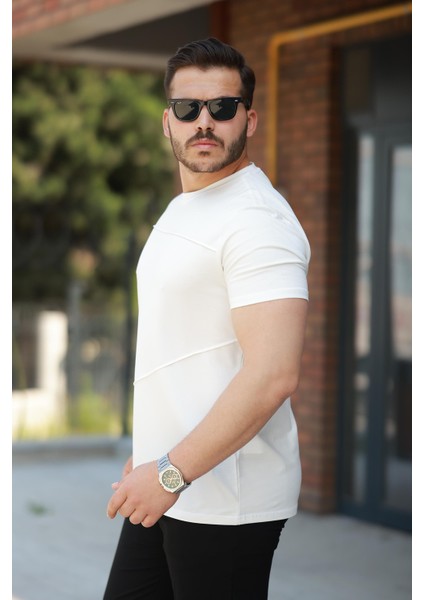 Beyaz Parçalı Dikiş Detaylı Regular Fit Kısa Kollu Tişört -2523 modelleri