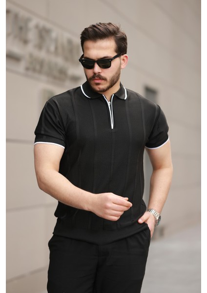 Siyah Petek Dokulu Fermuarlı Polo Yaka Triko Kısa Kollu Tişört 2511