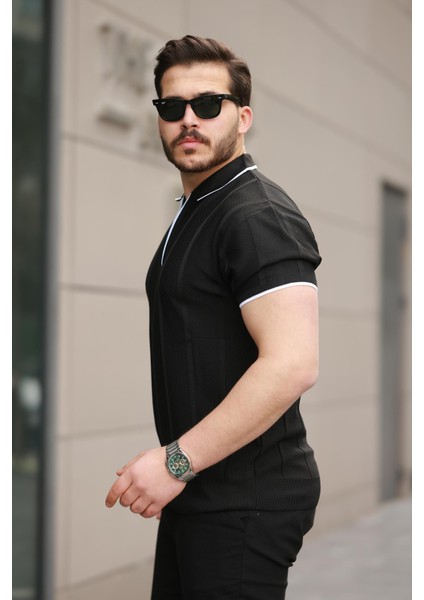 Siyah Petek Dokulu Fermuarlı Polo Yaka Triko Kısa Kollu Tişört 2511 fiyatları