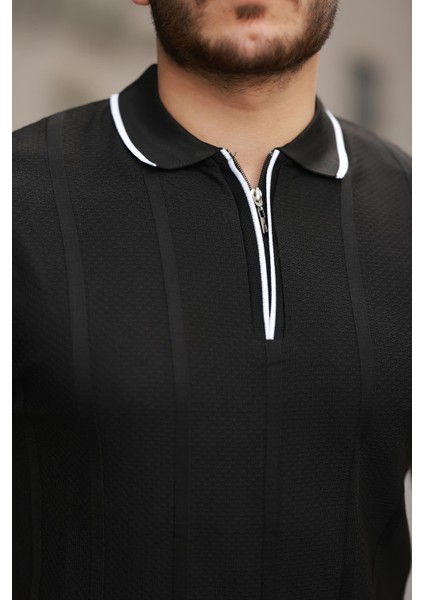 Siyah Petek Dokulu Fermuarlı Polo Yaka Triko Kısa Kollu Tişört 2511 modelleri