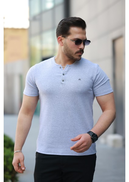 Gri Önü Düğmeli Sıfır Yaka Kısa Kollu Regular Fit Tişört- 2510