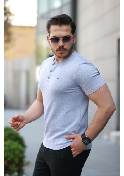 Gri Önü Düğmeli Sıfır Yaka Kısa Kollu Regular Fit Tişört- 2510 fiyatları