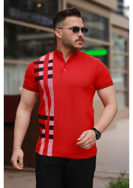 Kırmızı Baskı Detaylı Polo Yaka Kısa Kollu Tişört -2519