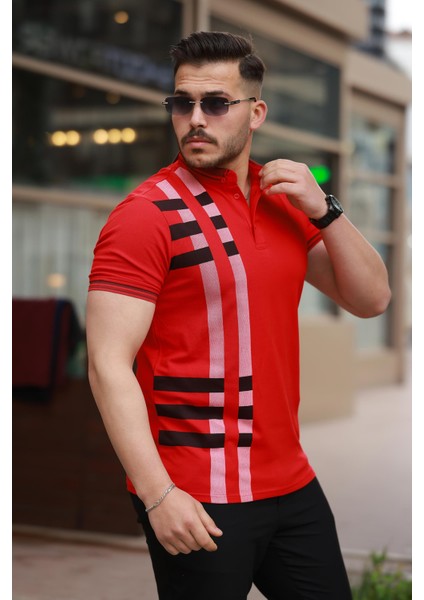 Kırmızı Baskı Detaylı Polo Yaka Kısa Kollu Tişört -2519 fiyatları