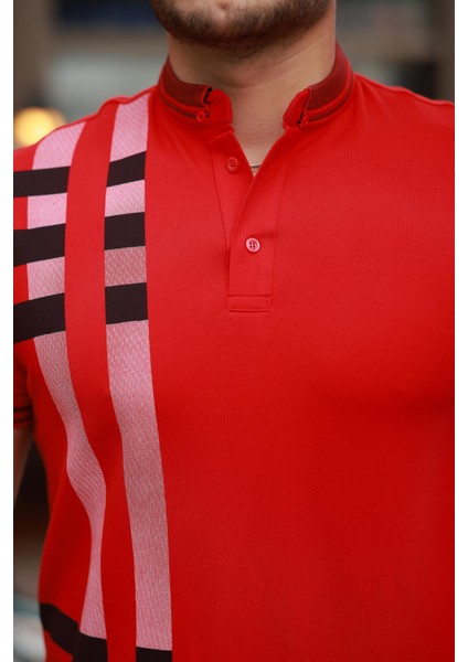 Kırmızı Baskı Detaylı Polo Yaka Kısa Kollu Tişört -2519 modelleri