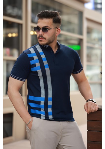 Lacivert Baskı Detaylı Polo Yaka Kısa Kollu Tişört -2519 modelleri