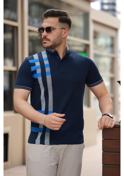 Lacivert Baskı Detaylı Polo Yaka Kısa Kollu Tişört -2519