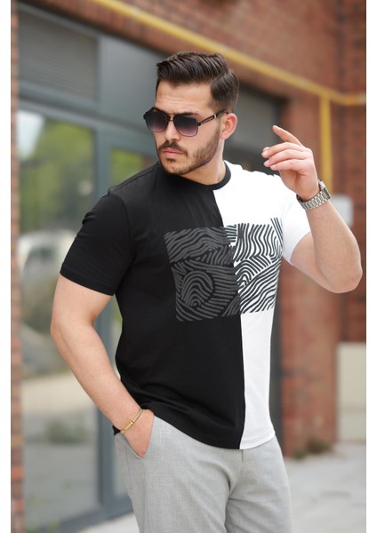 Siyah Beyaz Çizgi Baskılı Regular Fit Sıfır Yaka Kısa Kollu TIŞÖRT-2522