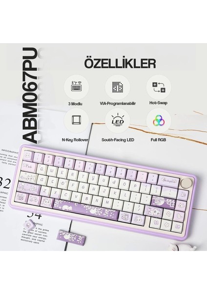 ABM067 Nebula Programlanabilir Esports Rgb Mekanik 3 Mode Kablosuz Klavye (Mor)