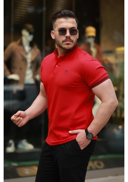 Kırmızı Logo Nakışlı Polo Yaka Kısa Kollu Tişört -2518