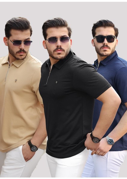 Bej Siyah Lacivert Basic Fermuar Detaylı Üçlü Paket Polo Yaka Kısa Kollu Tişört 2516