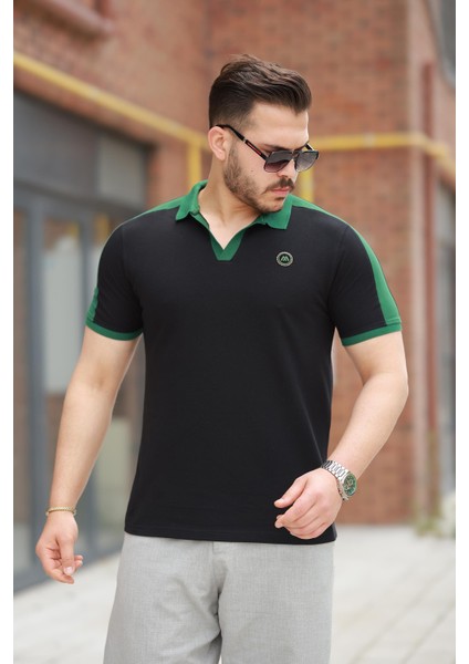Siyah Nakışlı V Polo Yaka Kısa Kollu TIŞÖRT-2524