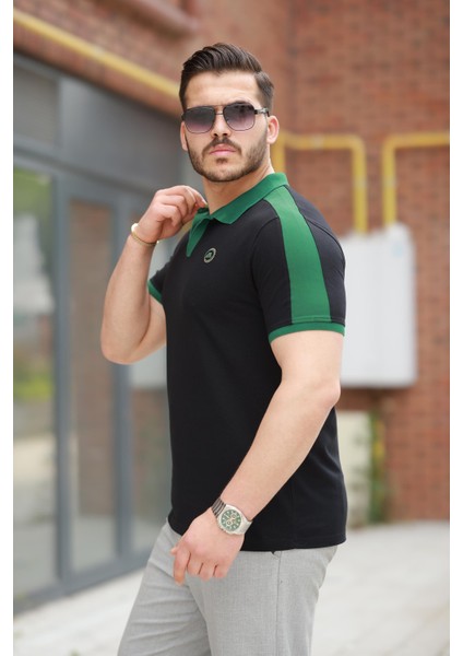 Siyah Nakışlı V Polo Yaka Kısa Kollu TIŞÖRT-2524 fiyatları