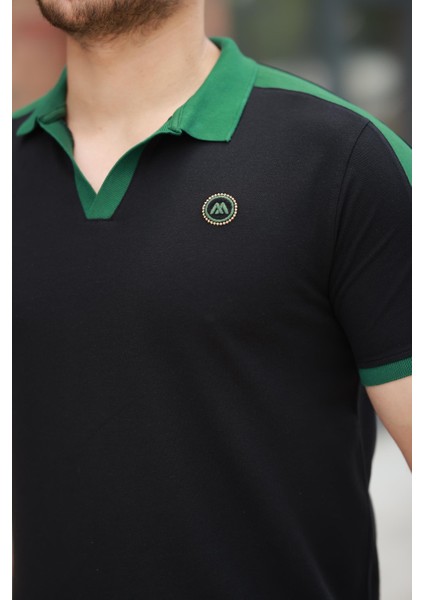 Siyah Nakışlı V Polo Yaka Kısa Kollu TIŞÖRT-2524 modelleri