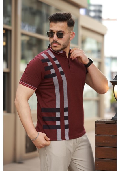 Bordo Baskı Detaylı Polo Yaka Kısa Kollu Tişört -2519